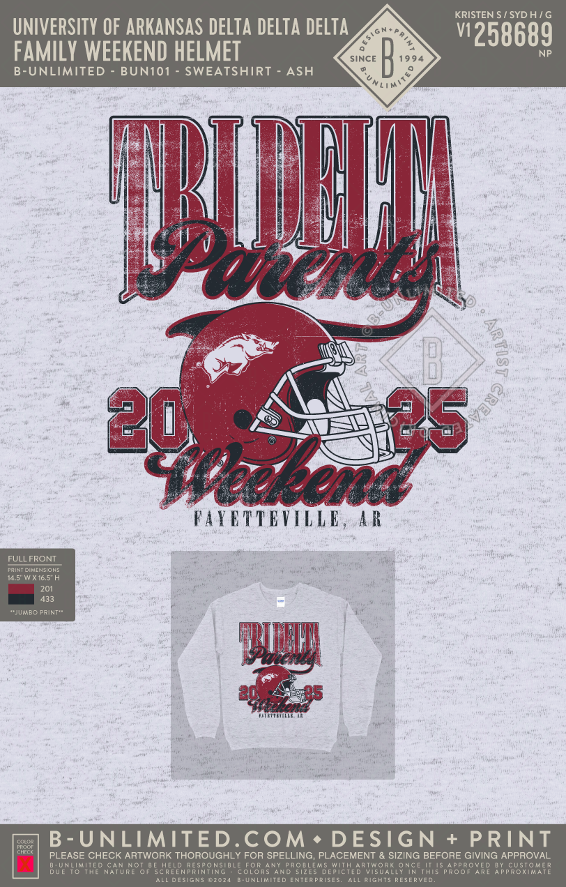 University of Arkansas Delta Delta Delta - Family Weekend Helmet - B-Unlimited BUN101 - Ash