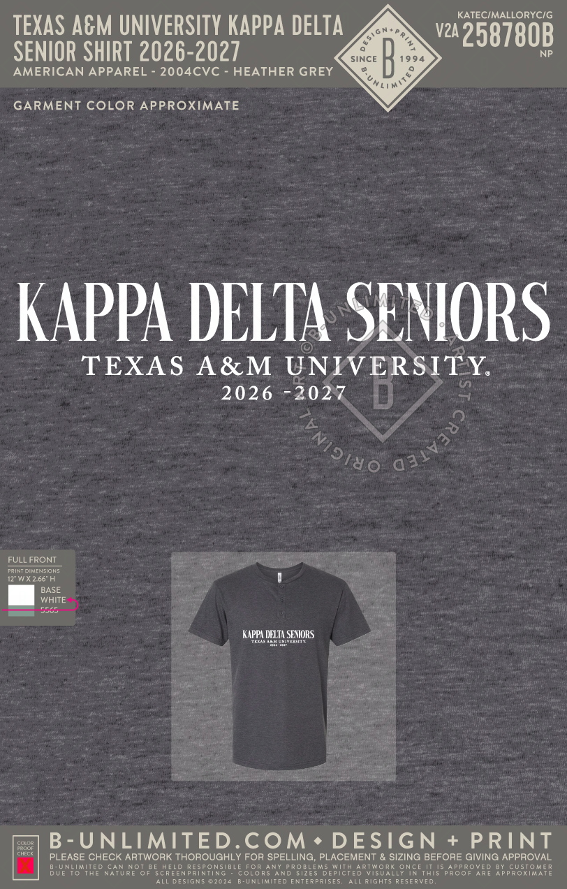 Texas A&M University Kappa Delta - Senior Shirt 2026-2027 - American Apparel - 2004CVC - Henley Tee - Heather Charcoal