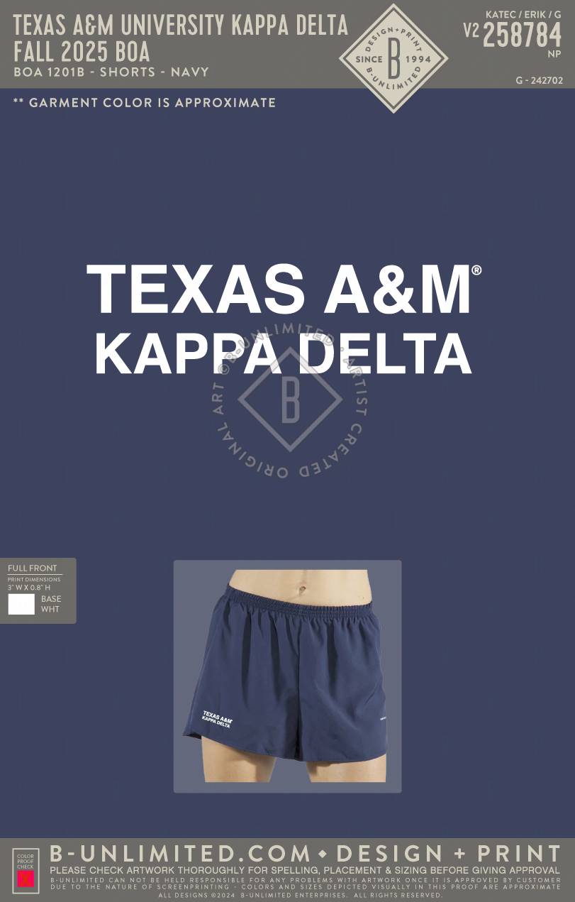 Texas A&M University Kappa Delta - Fall 2025 BOA - BOA - 1201B - Shorts - Navy