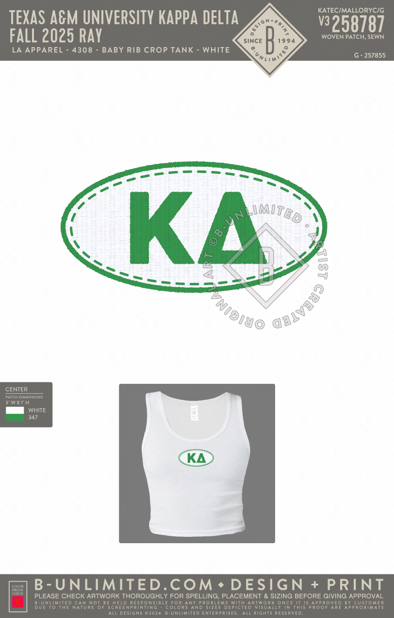 Texas A&M University Kappa Delta - Fall 2025 Ray - LA Apparel - 4308 - Baby Rib Crop Tank - White