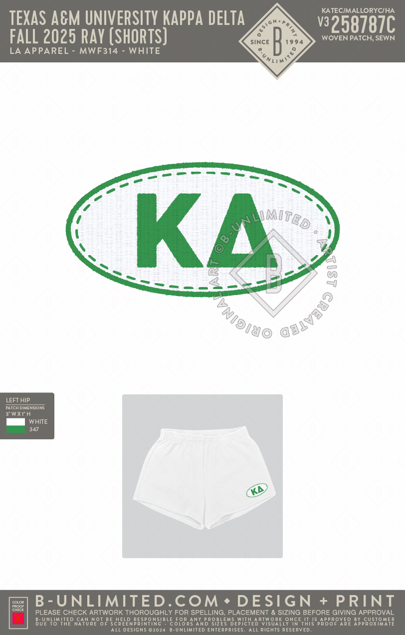 Texas A&M University Kappa Delta - Fall 2025 Ray (Shorts) - LA Apparel - MWF314 - Womens Short - White