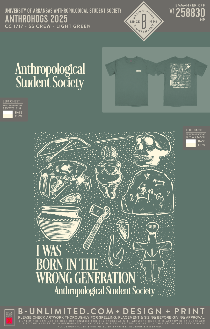 University of Arkansas Anthropological Student Society - Anthrohogs 2025 - CC - 1717 - SS Crew - Light Green