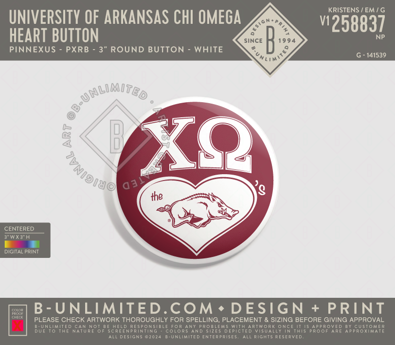 University of Arkansas Chi Omega - Heart Button - PinNexus - PXRB - 3" Round Button - Multi