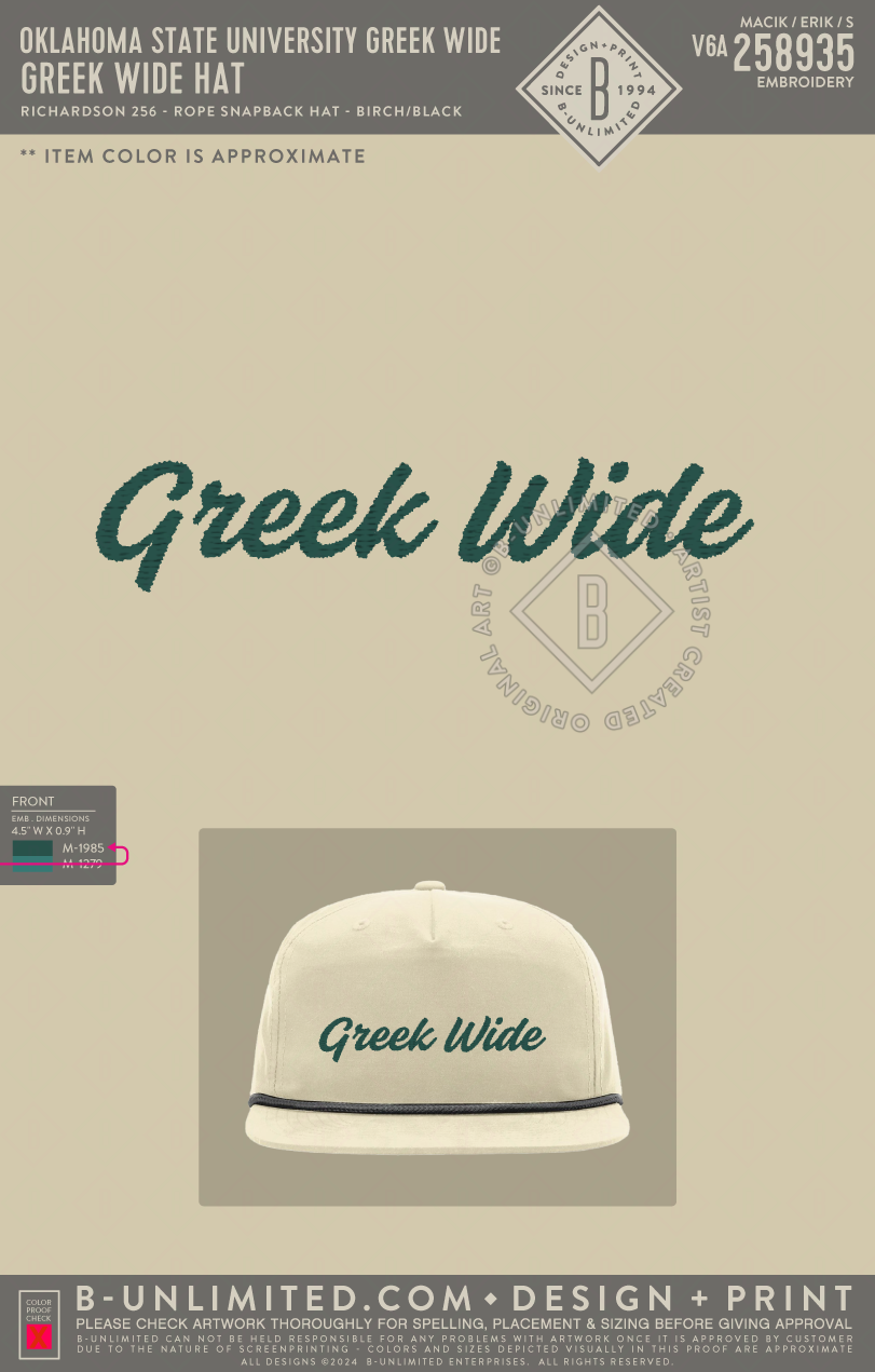 Oklahoma State University Greek Wide - Greek Wide Hat - Richardson - 256 - Rope Snapback Hat - Birch/Black