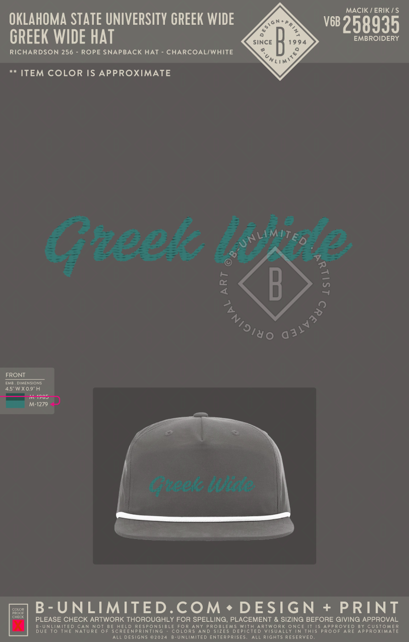 Oklahoma State University Greek Wide - Greek Wide Hat - Richardson - 256 - Rope Snapback Hat - Charcoal/White