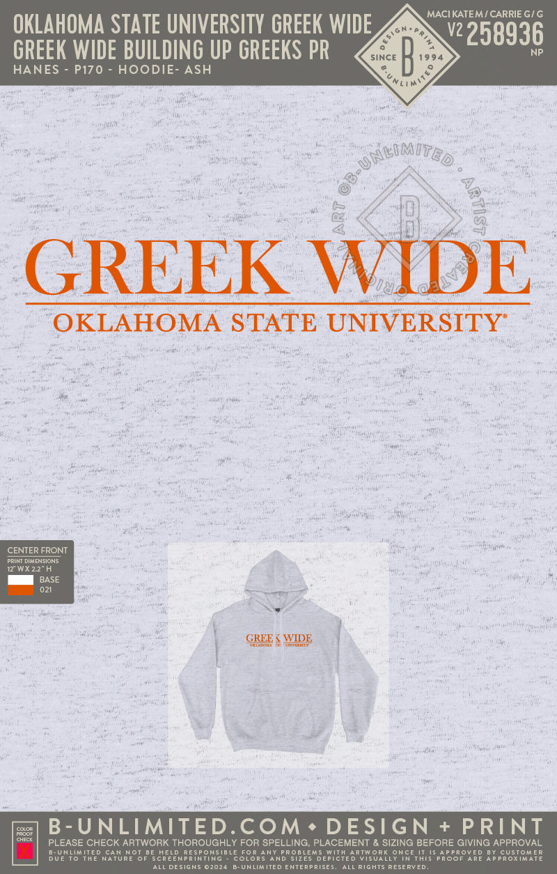 Oklahoma State University Greek Wide - Greek Wide Building Up Greeks PR - Hanes - P170 - Hoodie - Ash