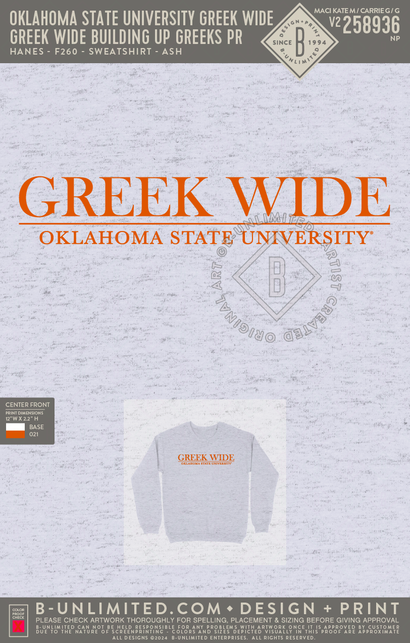 Oklahoma State University Greek Wide - Greek Wide Building Up Greeks PR - Hanes - F260 - Sweatshirt - Ash