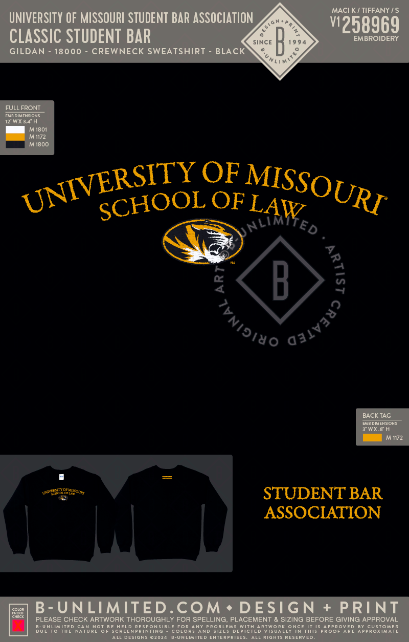 University of Missouri Student Bar Association - Classic Student Bar - Gildan - 18000 - Crewneck Sweatshirt - Black