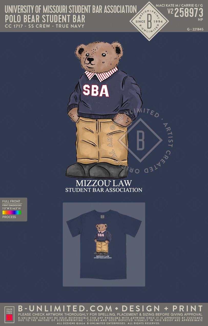 University of Missouri Student Bar Association - Polo Bear Student Bar - CC - 1717 - SS Crew - True Navy