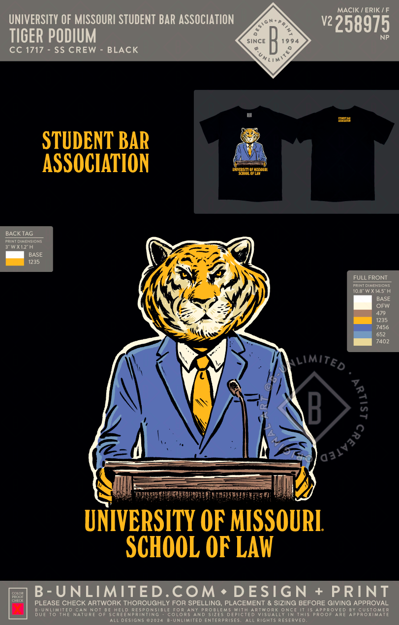 University of Missouri Student Bar Association - Tiger Podium - CC - 1717 - SS Crew - Black