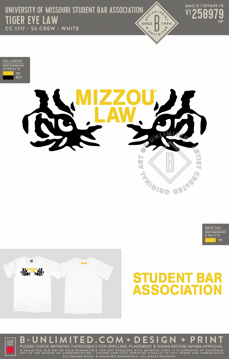 University of Missouri Student Bar Association - Tiger Eye Law - CC - 1717 - SS Crew - White