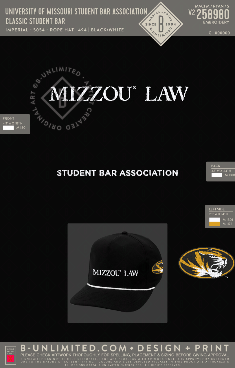 University of Missouri Student Bar Association - Classic Student Bar - Imperial - 5054 - Rope Hat - Black/White