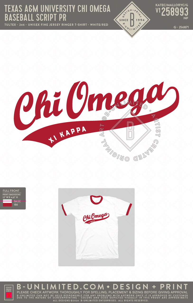 Texas A&M University Chi Omega - Baseball Script PR - Tultex - 246 - Unisex Fine Jersey Ringer T-Shirt - White/Red