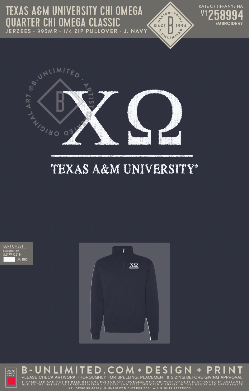 Texas A&M University Chi Omega - Quarter Chi Omega Classic - Jerzees - 995MR - 1/4 Zip Pullover - J. Navy