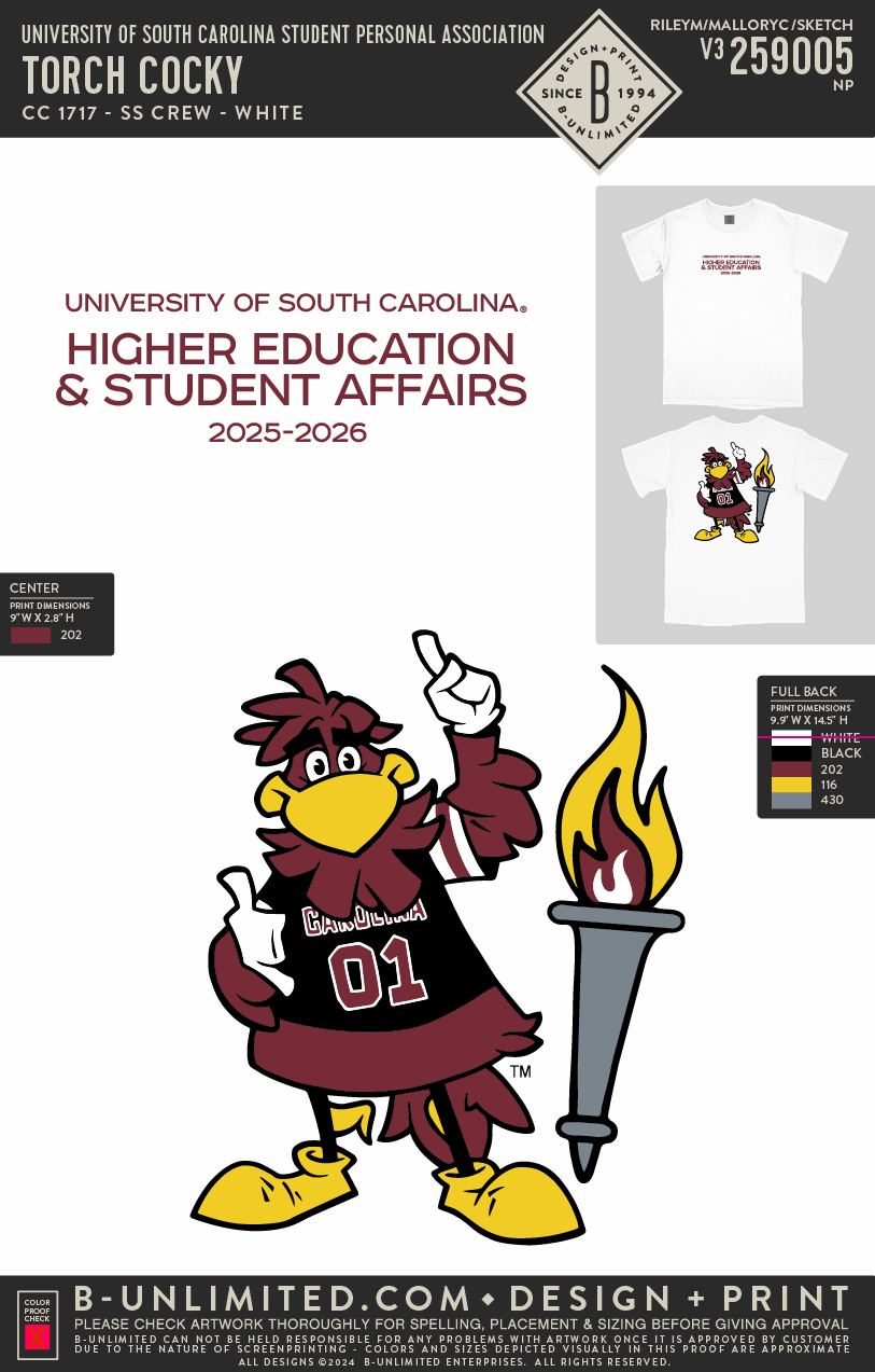 University of South Carolina Student Personal Association - Torch Cocky - CC - 1717 - SS Crew - White