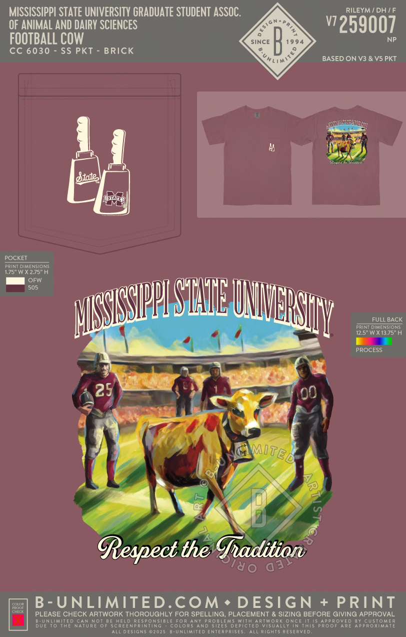 Mississippi State University Graduate Student Association of Animal and Dairy Sciences - Football Cow - CC - 6030 - SS Pocket - Brick
