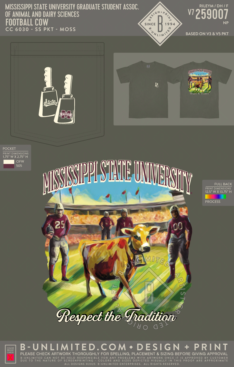 Mississippi State University Graduate Student Association of Animal and Dairy Sciences - Football Cow - CC - 6030 - SS Pocket - Moss