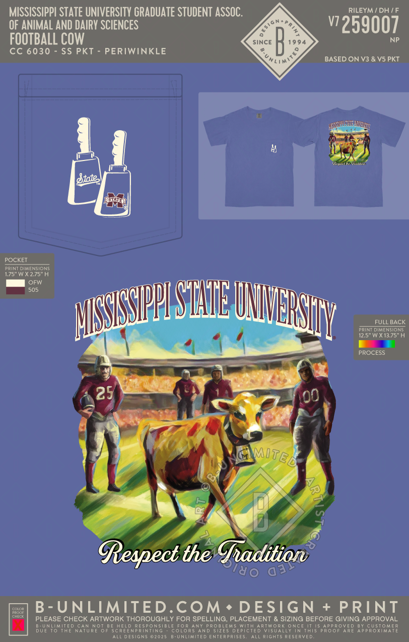 Mississippi State University Graduate Student Association of Animal and Dairy Sciences - Football Cow - CC - 6030 - SS Pocket - Periwinkle