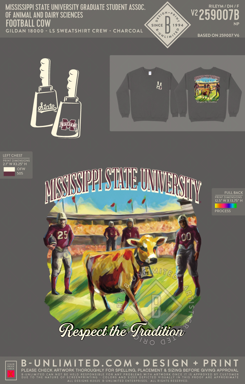 Mississippi State University Graduate Student Association of Animal and Dairy Sciences - Football Cow - Crewneck - Gildan - 18000 - Crewneck Sweatshirt - Charcoal