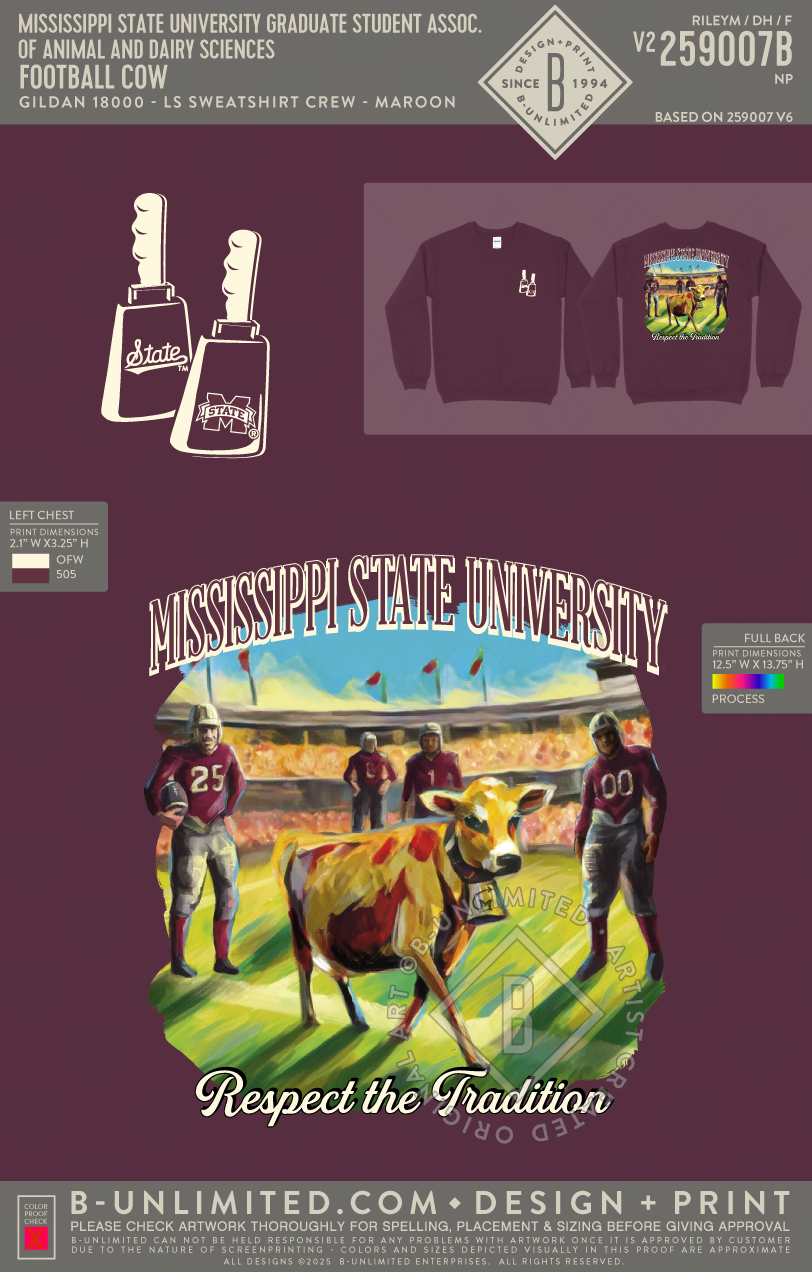 Mississippi State University Graduate Student Association of Animal and Dairy Sciences - Football Cow - Crewneck - Gildan - 18000 - Crewneck Sweatshirt - Maroon