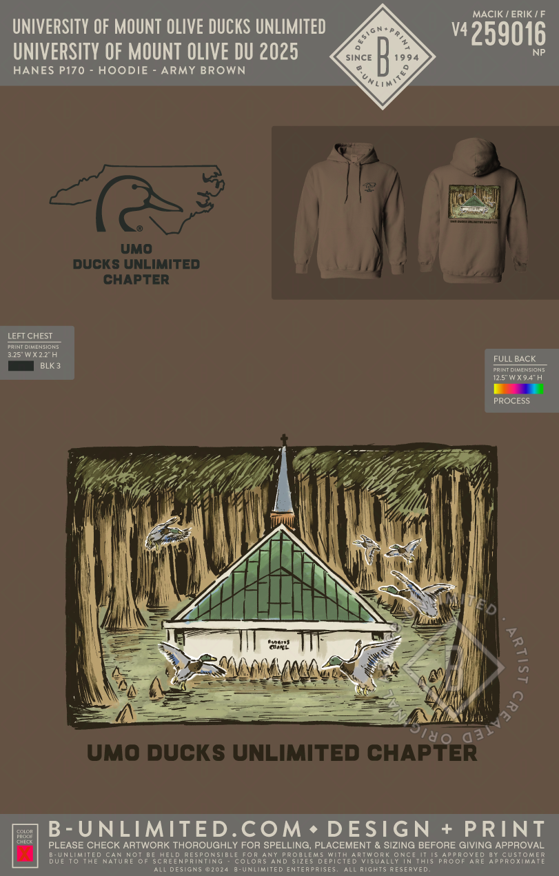 University of Mount Olive Ducks Unlimited - University of Mount Olive DU 2025 - Hanes - P170 - Hoodie - Army Brown