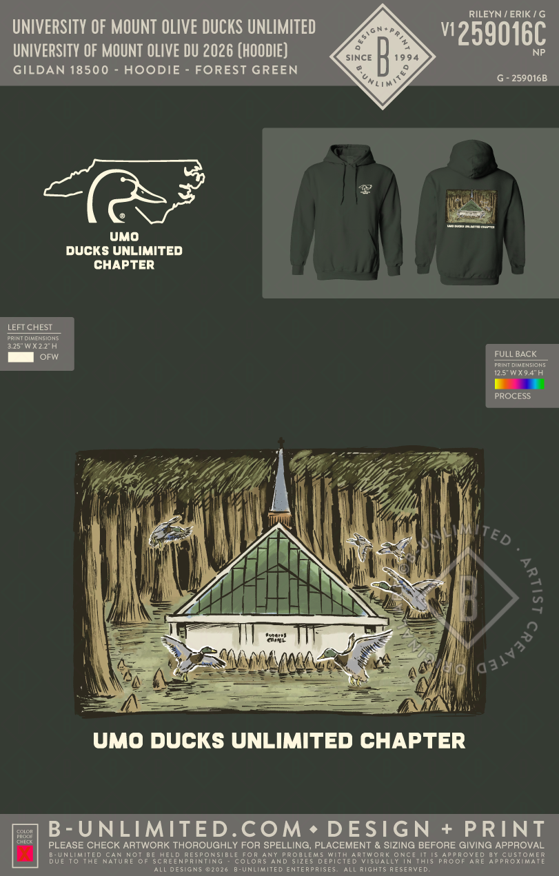 University of Mount Olive Ducks Unlimited - University of Mount Olive DU 2026 (HOODIE) - Gildan - 18500 - Hoodie - Forest Green