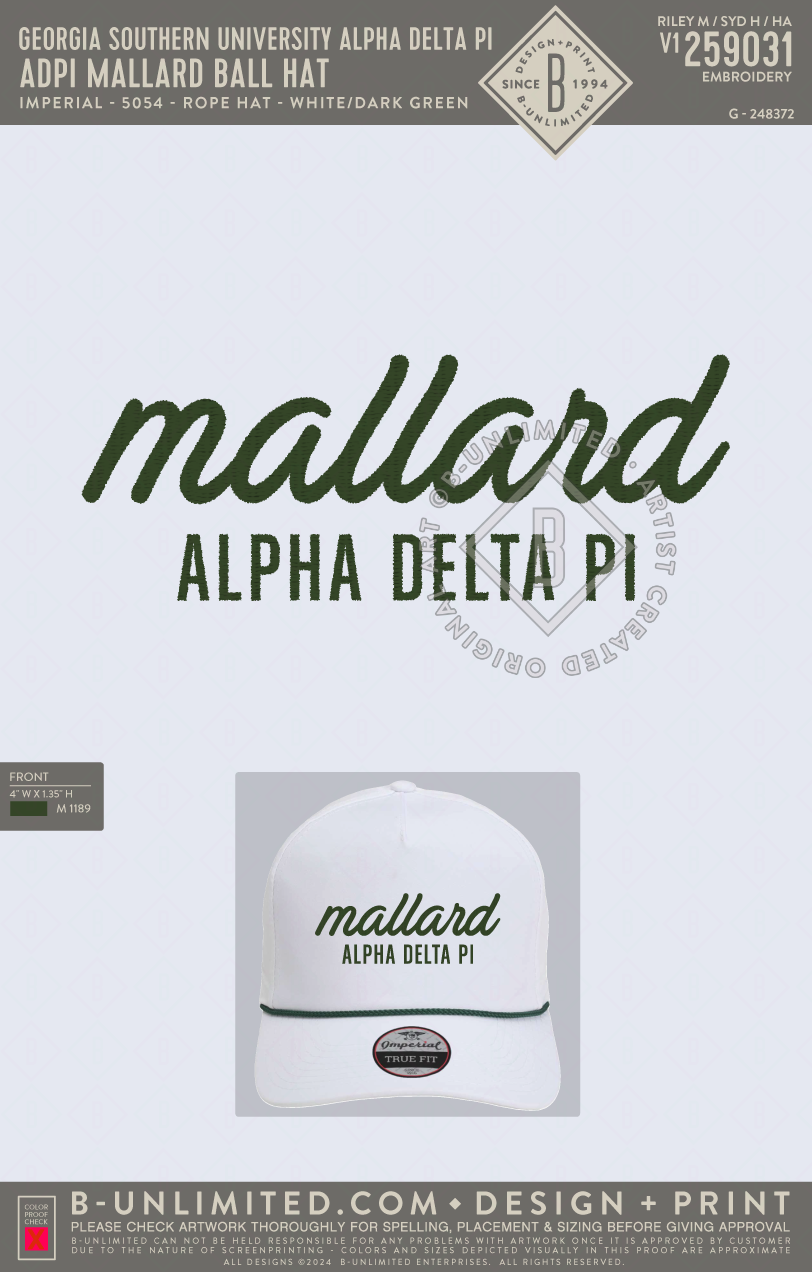 Georgia Southern University Alpha Delta Pi - ADPI Mallard Ball Hat - Imperial - 5054 - Rope Hat - White/Dark Green