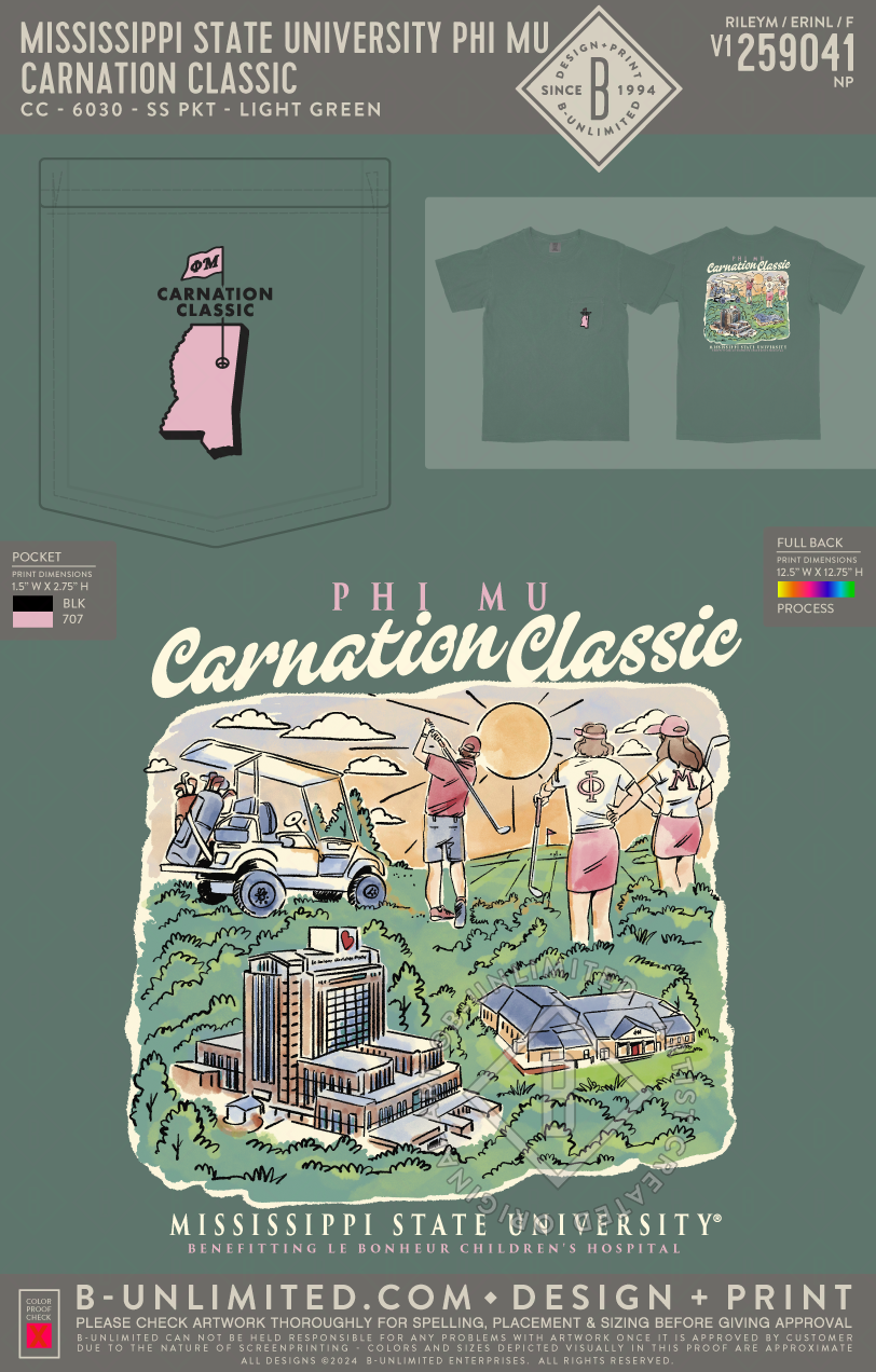 Mississippi State University Phi Mu - Carnation Classic - CC - 6030 - SS Pocket - Light Green
