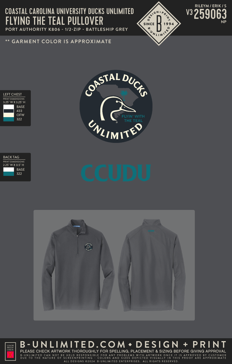 Coastal Carolina University Ducks Unlimited - Flying the Teal Pullover - Port Authority - K806 - 1/2 Zip Pullover - Battleship Grey