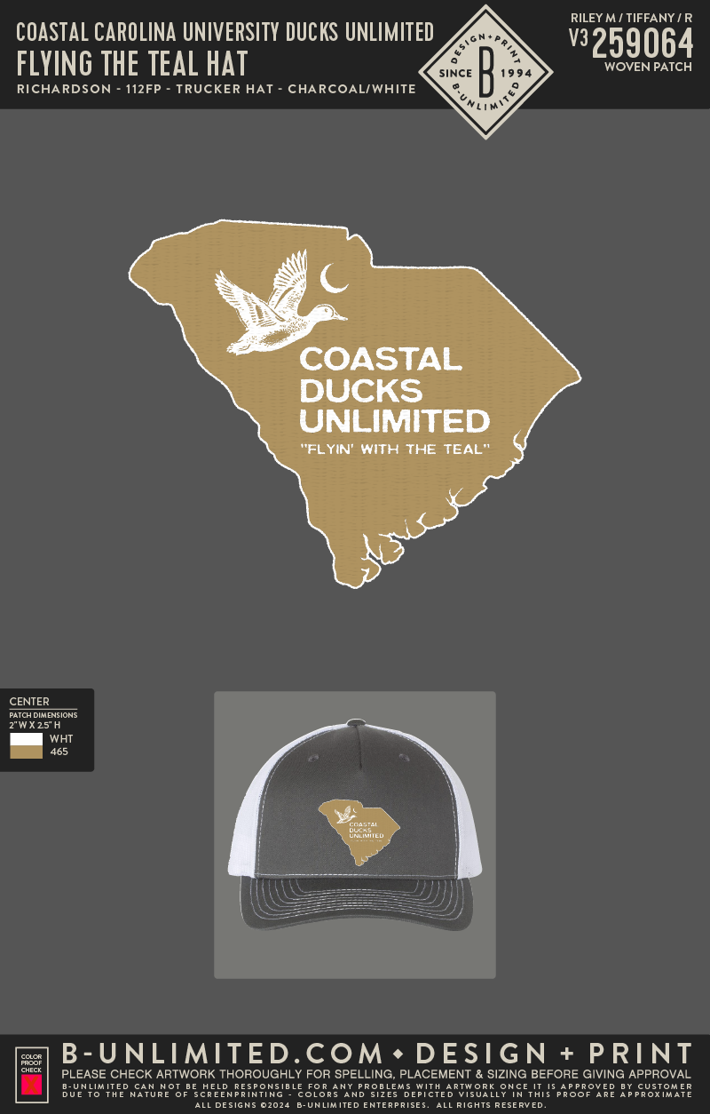 Coastal Carolina University Ducks Unlimited - ART259063 - Flying the Teal HAT - Richardson - 112FP - Trucker Hat - Charcoal/White