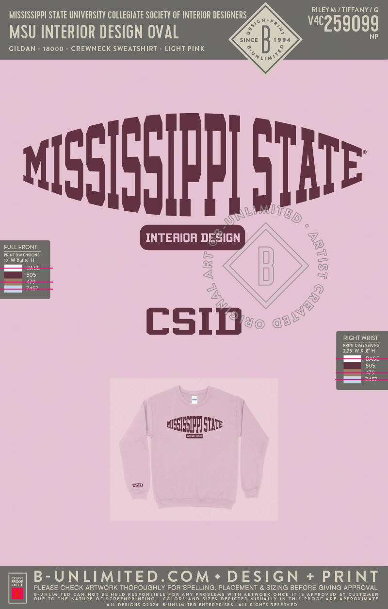Mississippi State University Collegiate Society of Interior Designers - MSU Interior Design Oval - Gildan - 18000 - Crewneck Sweatshirt - Light Pink