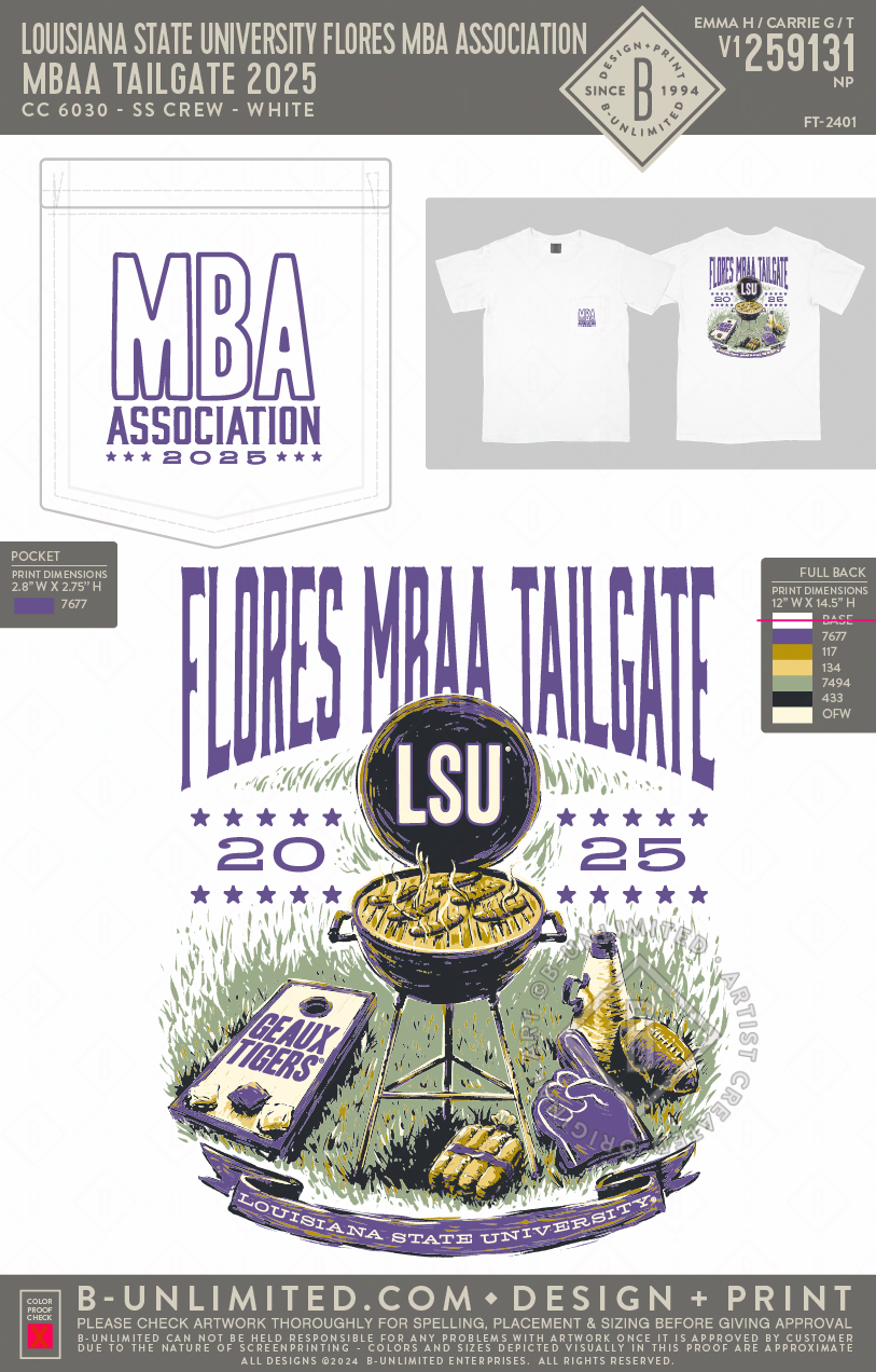 Louisiana State University Flores MBA Association - MBAA Tailgate 2025 - CC - 6030 - SS Pocket - White