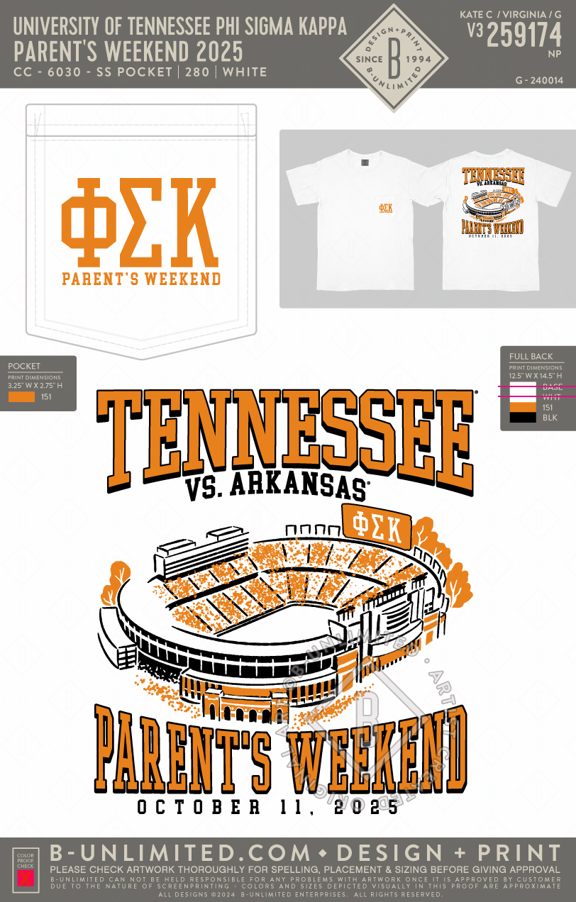 University of Tennessee Phi Sigma Kappa - Parent's Weekend 2025 (EOY25) - CC - 6030 - SS Pocket - White