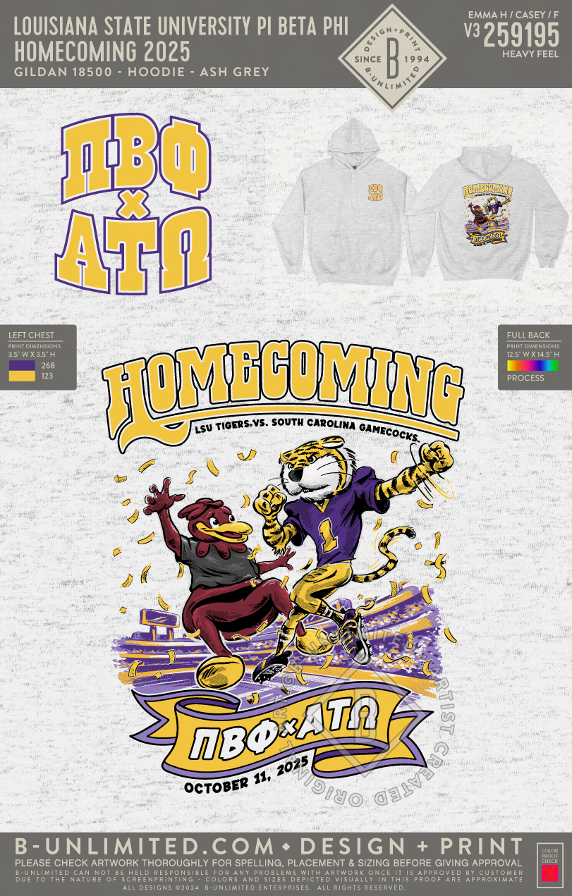 Louisiana State University Pi Beta Phi - Homecoming 2025 - Gildan - 18500 - Hoodie - Ash Grey