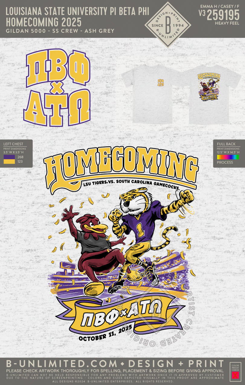 Louisiana State University Pi Beta Phi - Homecoming 2025 - Gildan - 5000 - SS Crew - Ash Grey