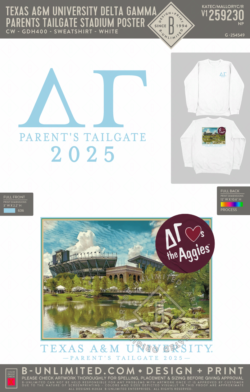Texas A&M University Delta Gamma - Parents Tailgate Stadium Poster - CW - GDH400 - Sweatshirt - White