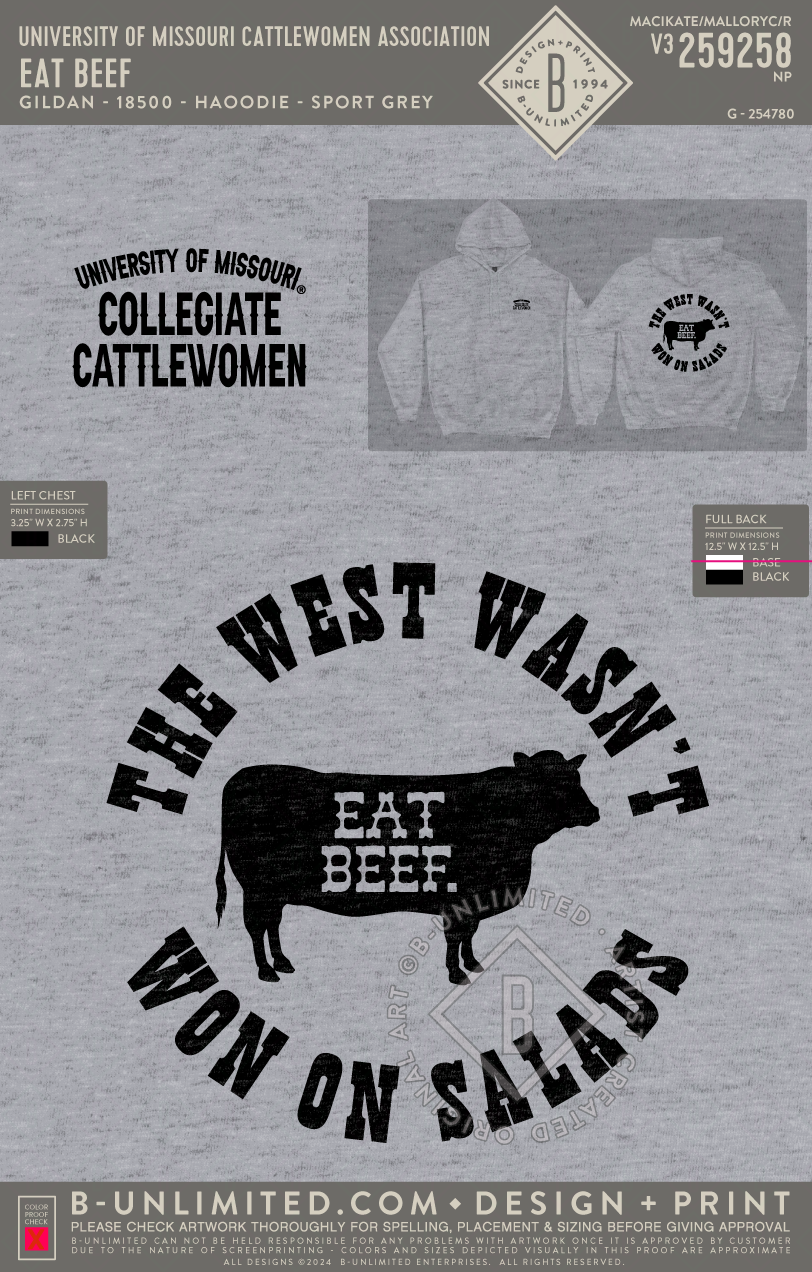 University of Missouri Cattlewomen Association - Eat Beef - Gildan - 18500 - Hoodie - Sport Grey