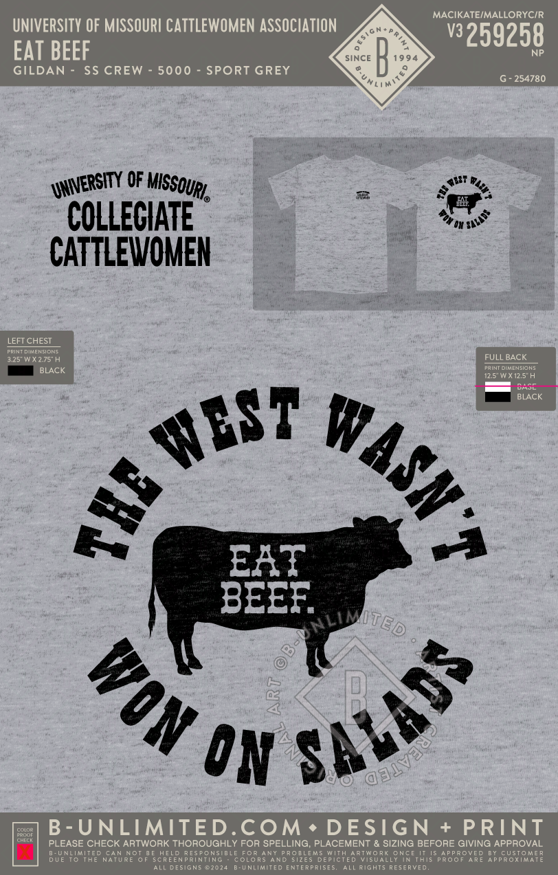 University of Missouri Cattlewomen Association - Eat Beef - Gildan - 5000 - SS Crew - Sport Grey