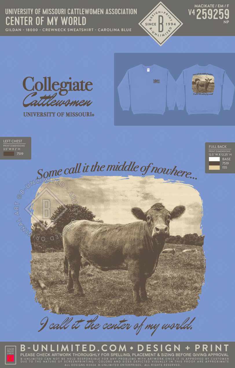 University of Missouri Cattlewomen Association - Center Of My World - Gildan - 18000 - Crewneck Sweatshirt - Carolina Blue