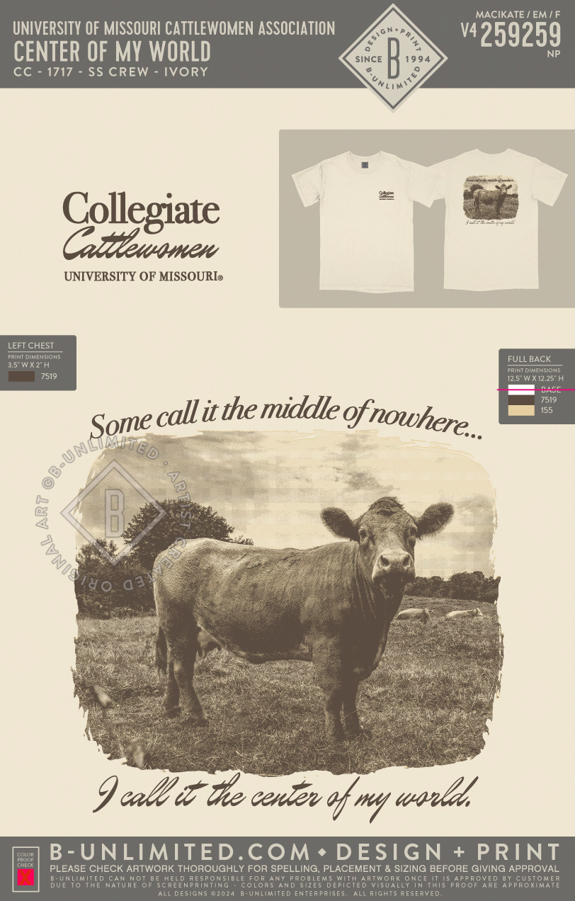 University of Missouri Cattlewomen Association - Center Of My World - CC - 1717 - SS Crew - Ivory