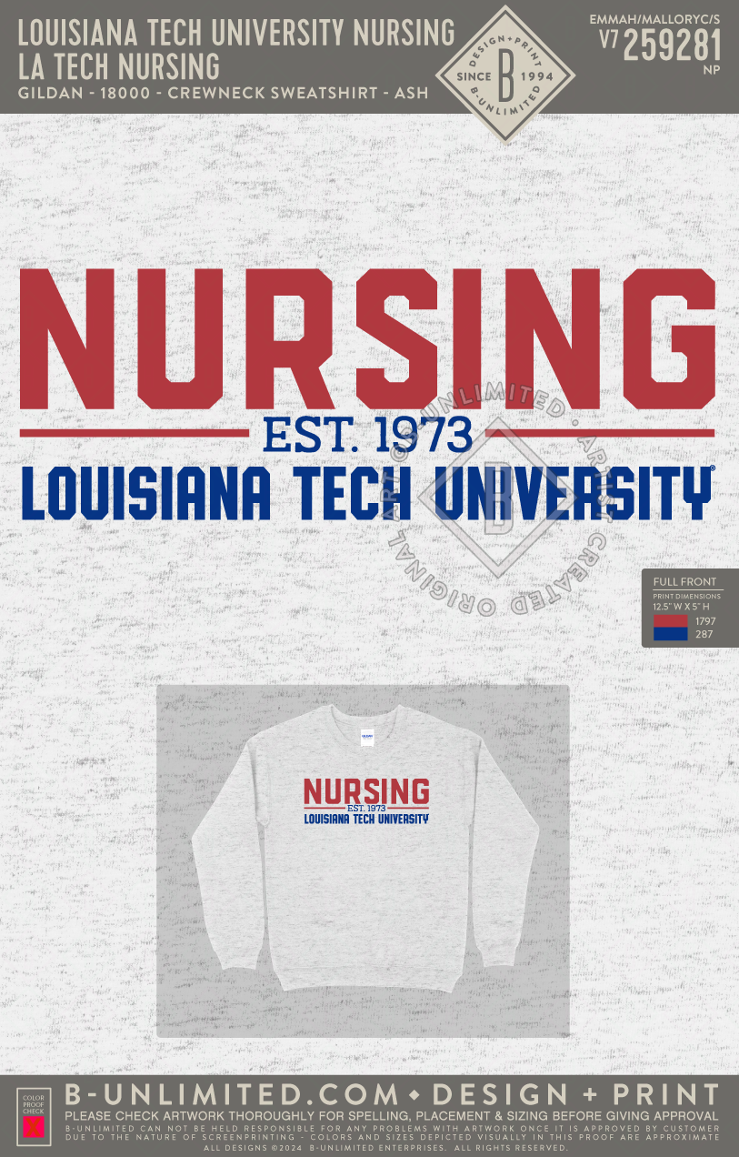Louisiana Tech University Nursing - LA Tech Nursing - Gildan - 18000 - Crewneck Sweatshirt - Ash Grey