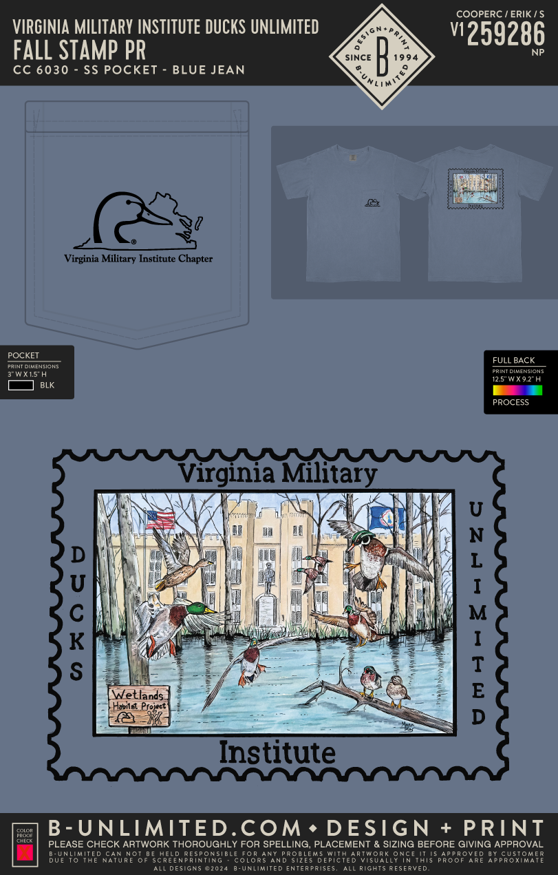 Virginia Military Institute Ducks Unlimited - Fall Stamp PR - CC - 6030 - SS Pocket - Blue Jean
