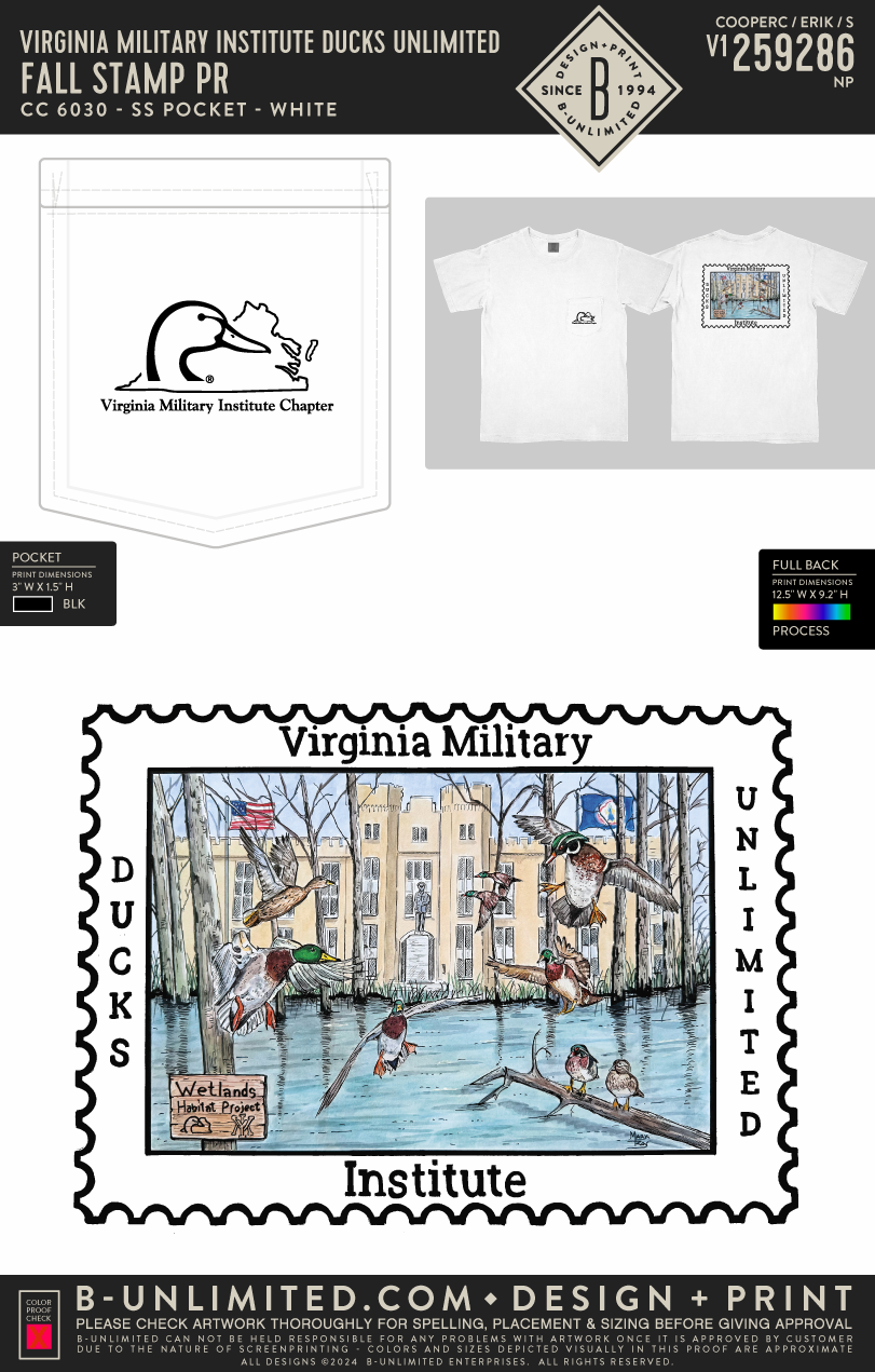 Virginia Military Institute Ducks Unlimited - Fall Stamp PR - CC - 6030 - SS Pocket - White