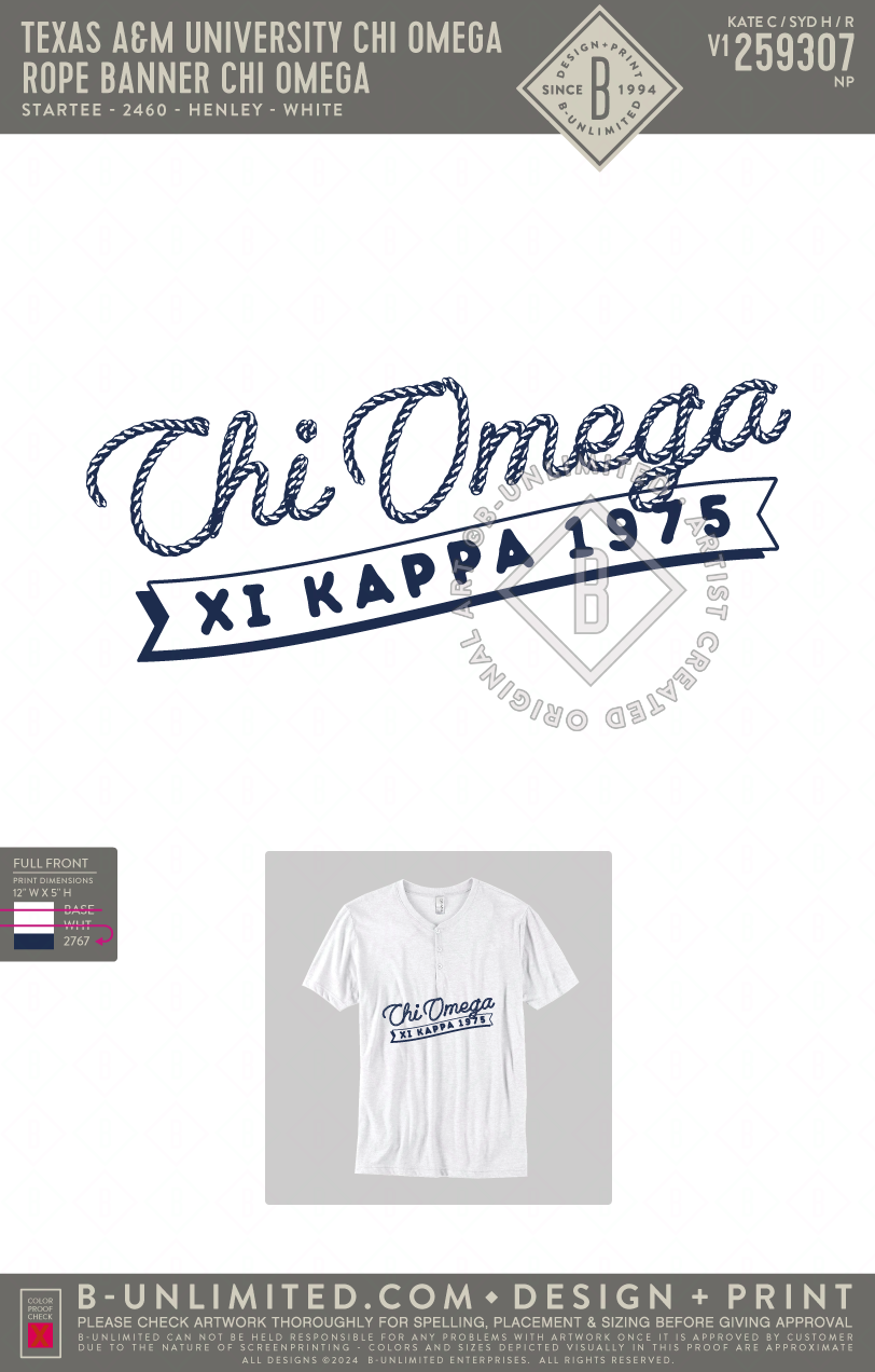 Texas A&M University Chi Omega - Rope Banner Chi Omega - Star Tee - ST2460 - SS Henley - White