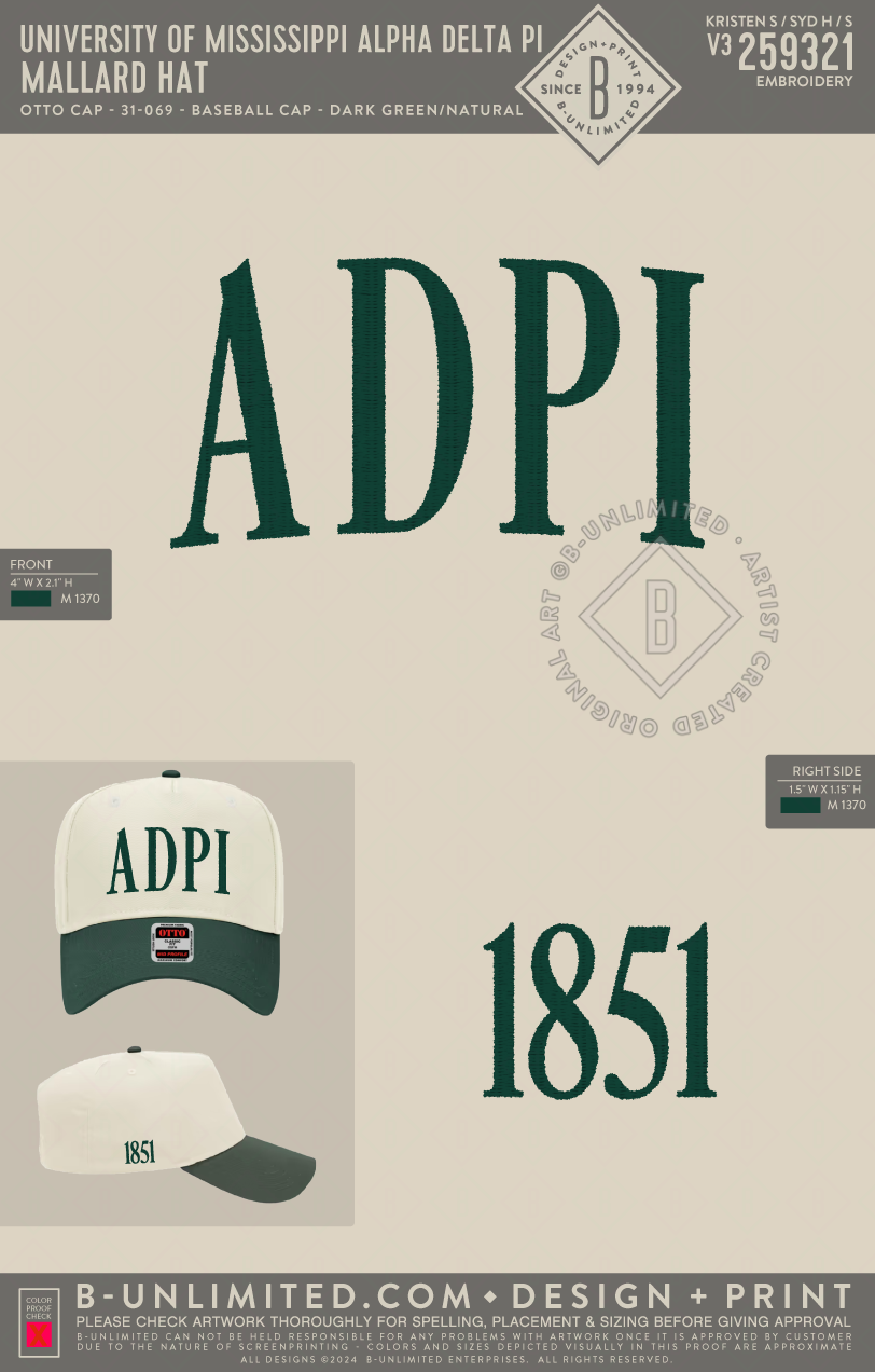 University of Mississippi Alpha Delta Pi - Mallard Hat - Otto Cap - 31-069 - Baseball Cap - Dark Green/Natural