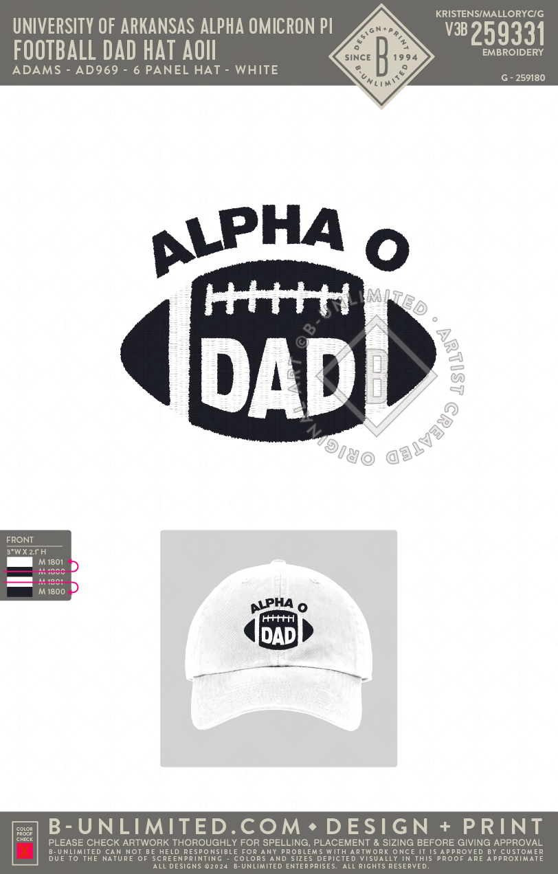 University of Arkansas Alpha Omicron Pi - Football Dad Hat AOII - Adams - AD969 - Hat - White