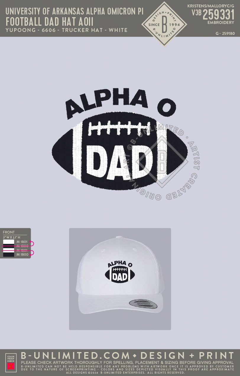 University of Arkansas Alpha Omicron Pi - Football Dad Hat AOII - Yupoong - 6606 - Trucker Hat - White