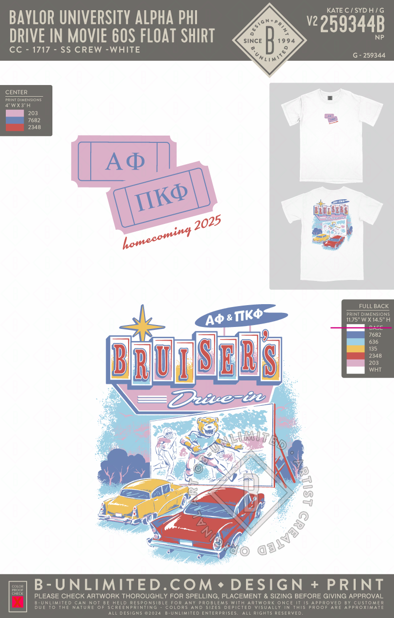Baylor University Alpha Phi - Drive In Movie 60s Float Shirt - CC - 1717 - SS Crew - White