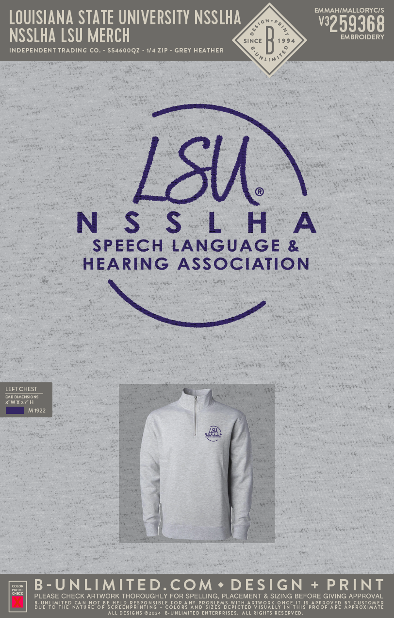 Louisiana State University National Student Speech Language and Hearing Association - NSSLHA LSU Merch - Independent Trading Co - SS4600QZ - 1/4 Zip - Grey Heather