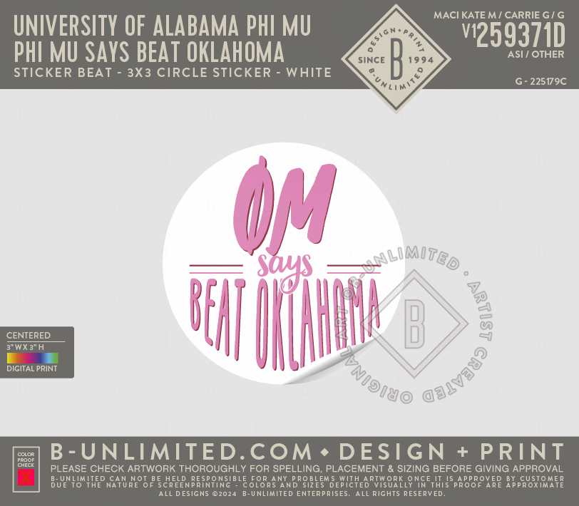 University of Alabama Phi Mu - Phi Mu says beat Oklahoma - Sticker Beat - 3x3 Circle Sticker - White